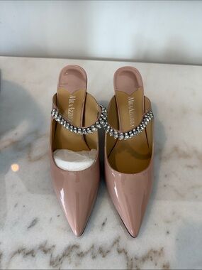 Blush Patent Pointed-Toe Mules with Crystal Strap